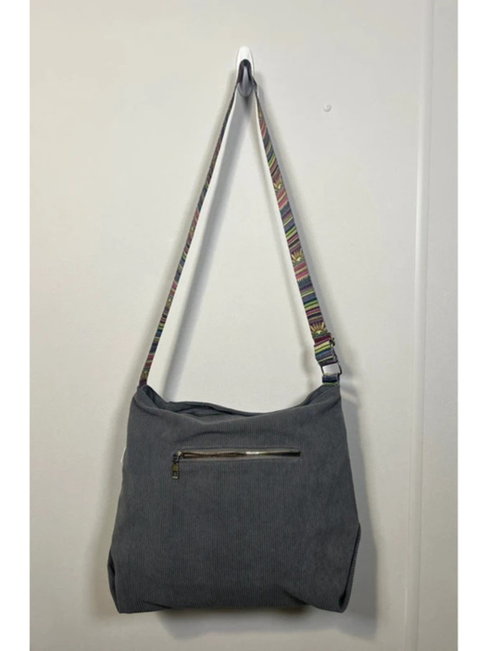 Gray Corduroy Hobo Shoulder Bag | Adjustable Boho Strap | Zip Closure